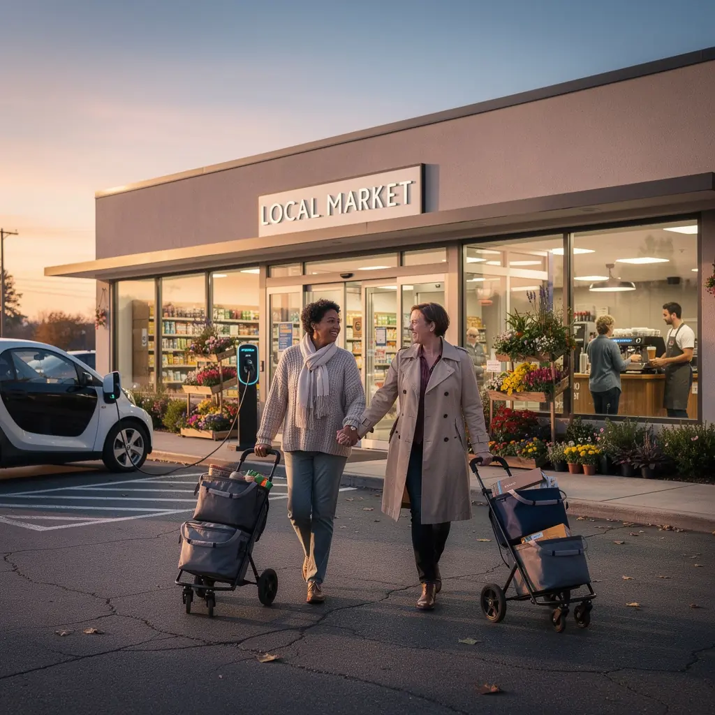 Familie, die ihre EinkГ¤ufe im Supermarkt erledigt, wГ¤hrend das Elektroauto in der NГ¤he aufgeladen wird.