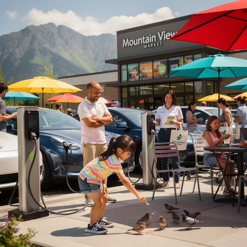 Kunden, die frische Lebensmittel in einem modernen Supermarkt auswГ¤hlen, wГ¤hrend ihr Elektroauto lГ¤dt.