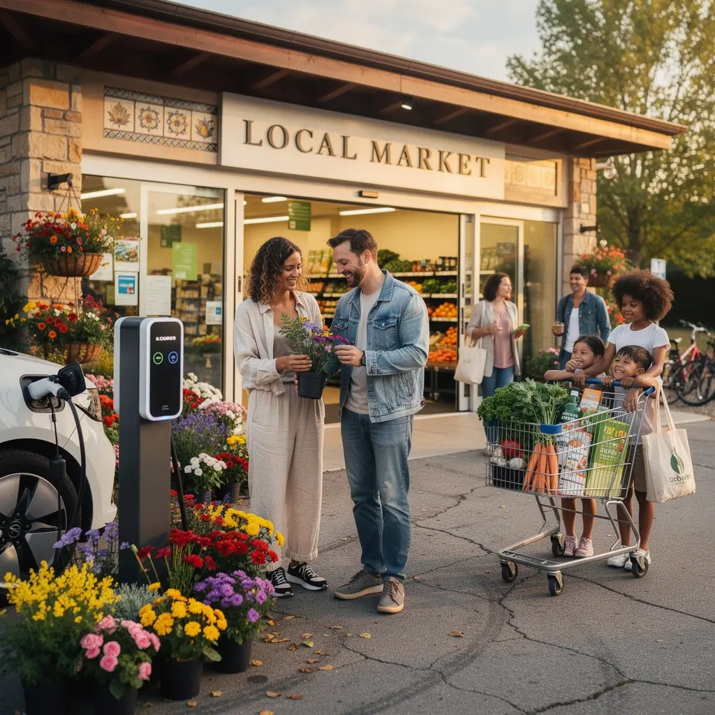 Ein Гјbersichtlicher Supermarktparkplatz mit mehreren Ladestationen fГјr Elektrofahrzeuge.