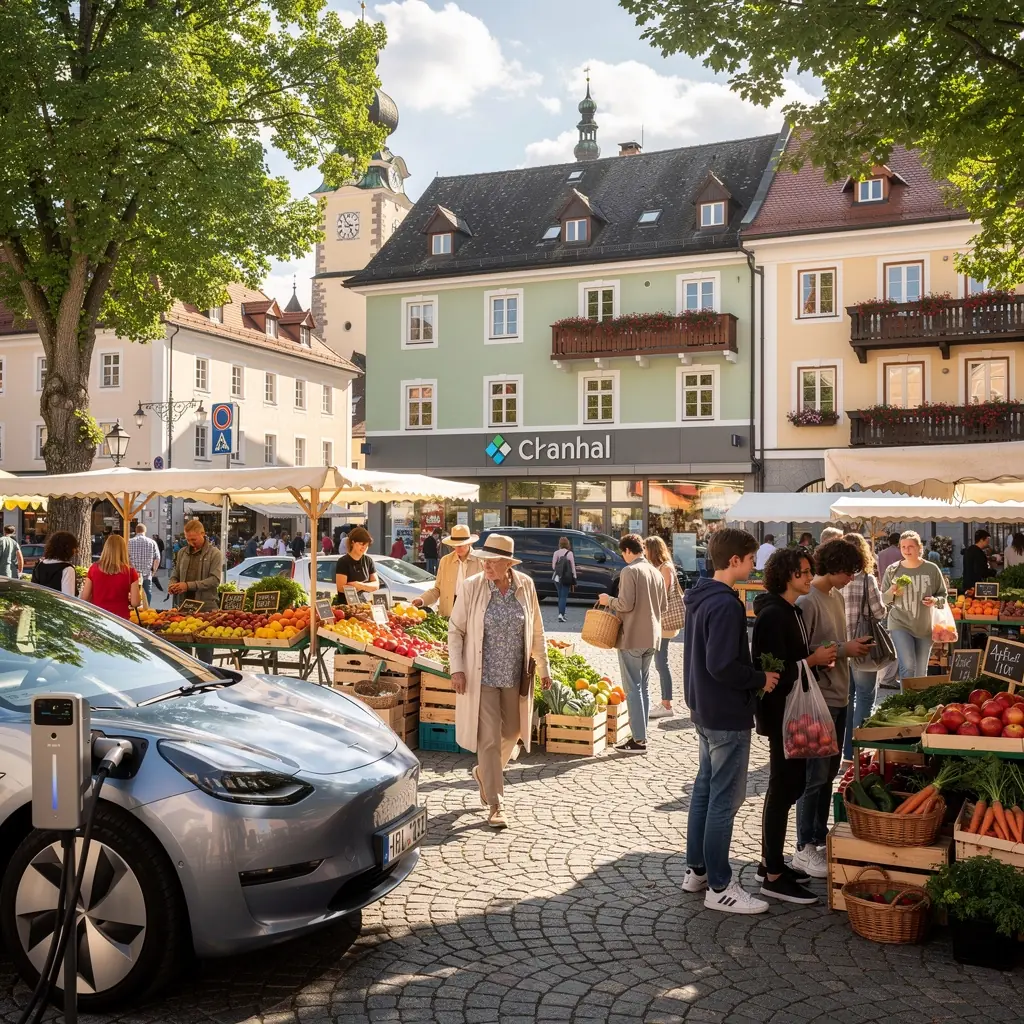 Nahaufnahme einer Ladekabelverbindung zwischen einem Elektrofahrzeug und einer Ladestation im Supermarkt.