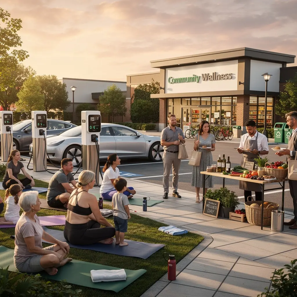 Supermarkt mit grГјnem Schild, das auf die MГ¶glichkeit des Ladens von Elektrofahrzeugen wГ¤hrend des Einkaufs hinweist.