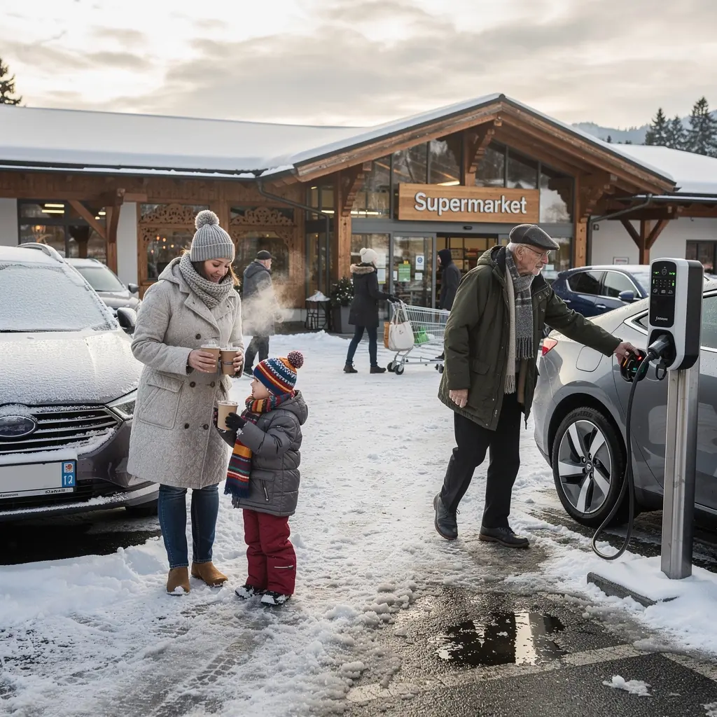 Familie beim Einkauf mit einem Elektroauto auf dem Parkplatz.