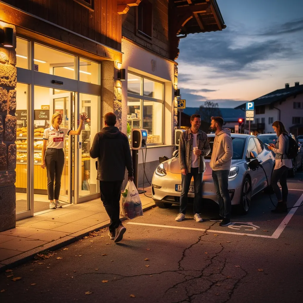 Kundin, die ihren Einkaufskorb im Supermarkt füllt, während das Auto lädt.