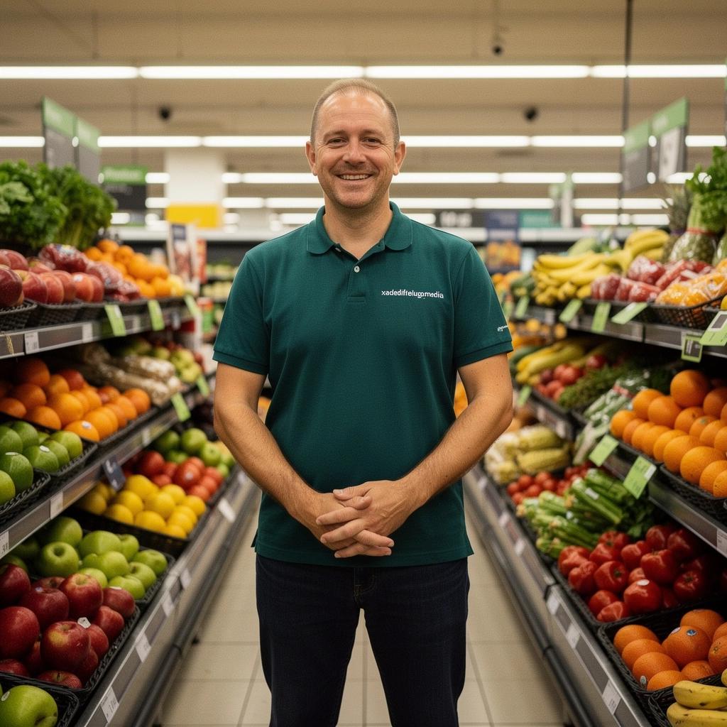 Ein Elektrofahrzeug, das an einer Ladestation vor einem Supermarkt aufgeladen wird.
