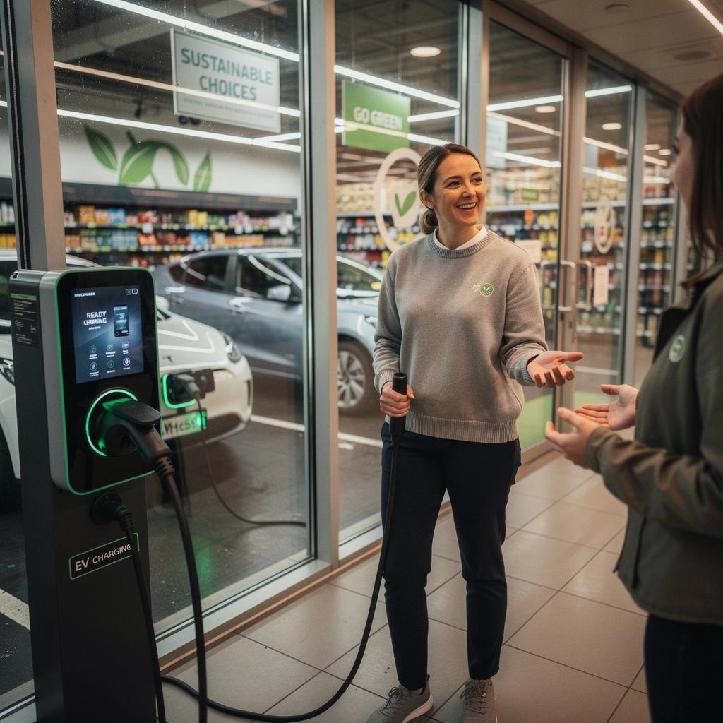 Eine Familie, die mit Einkaufstüten aus einem Supermarkt kommt und ihr Elektroauto auflädt.